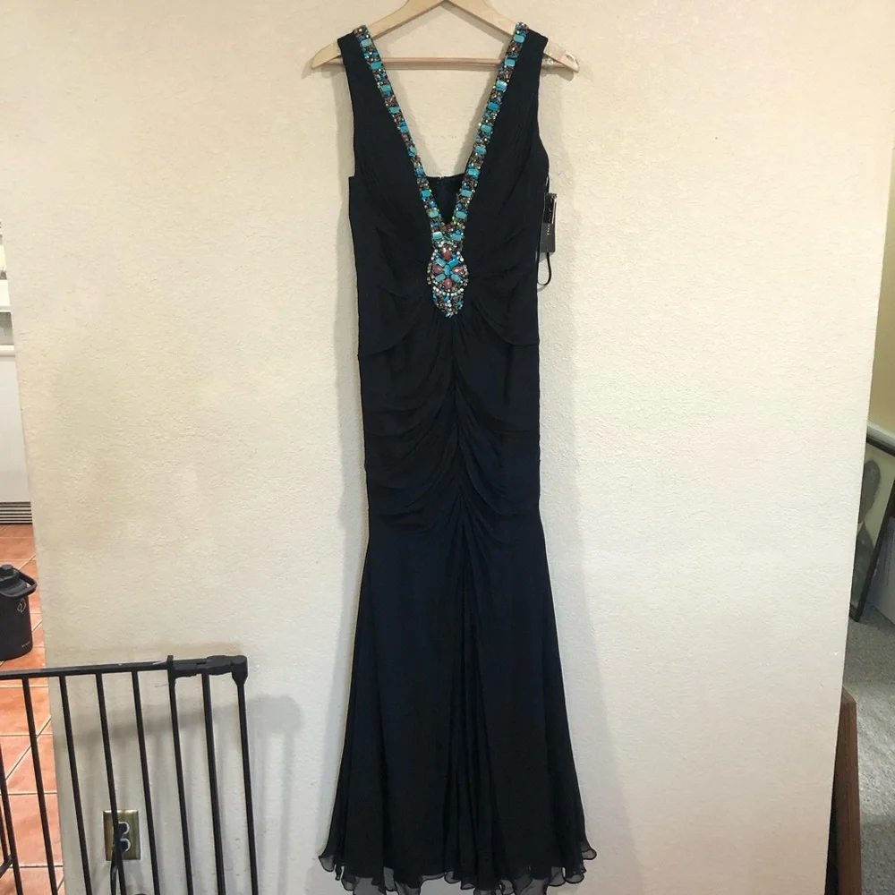 NWT NEW Jovani 1513 black turquoise beads deep v neckline ruched silk prom dress